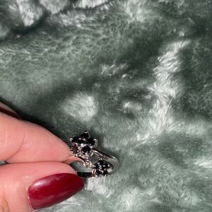 Silver Tone Black Stone Floral Ring